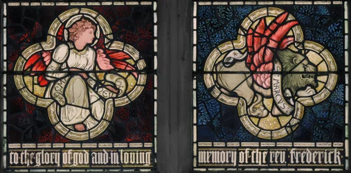 Birmingham, Acocks Green, St Mary The Virgin, Morris & Co., Edward Burne-Jones, John Henry Dearle (1859-1932), Symboles des évangélistes, saint Matthieu et saint Marc, 1895
